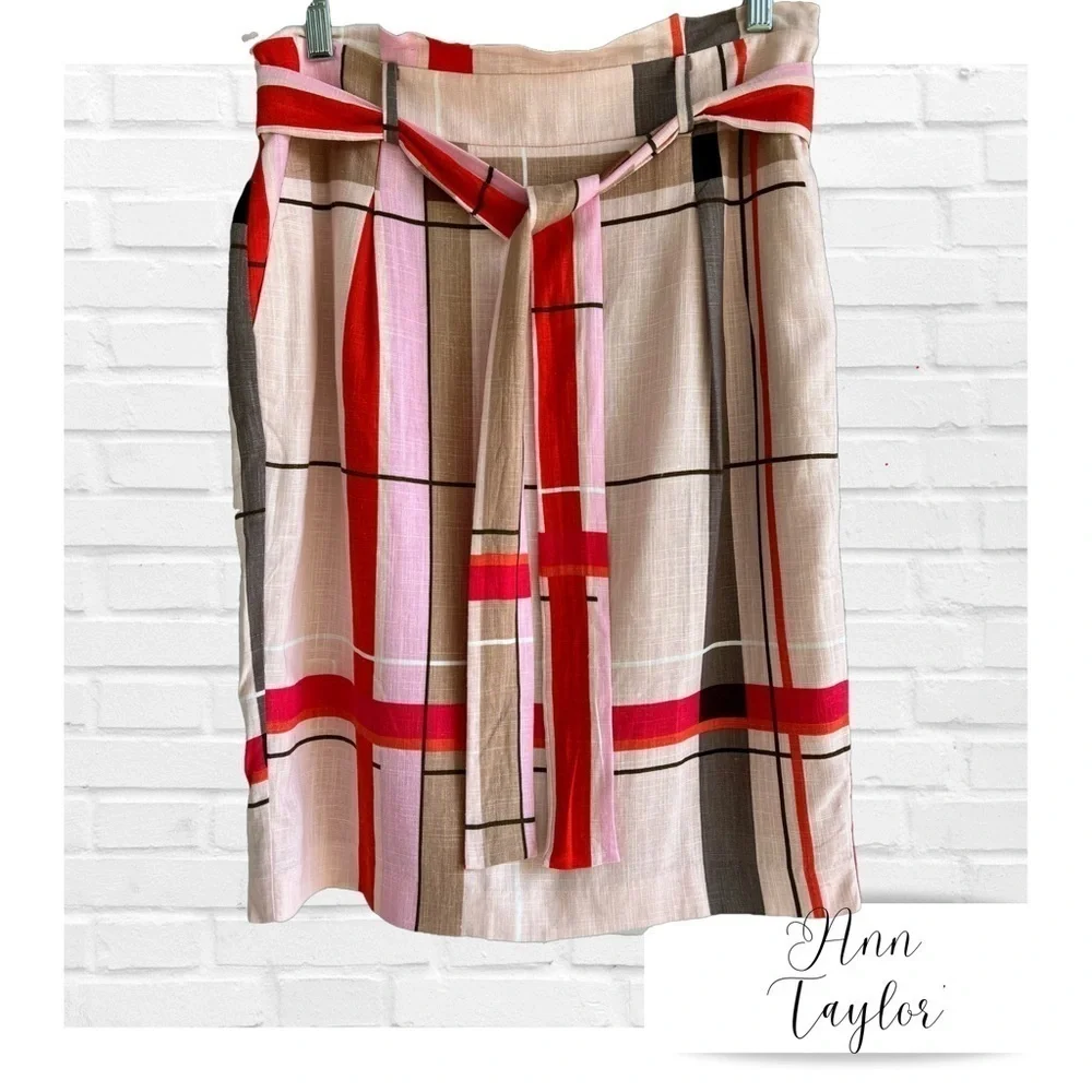 Ann Taylor Linen Blend Multi Colored Plaid Skirt Bow Belted Women’s 8P Pink Tan